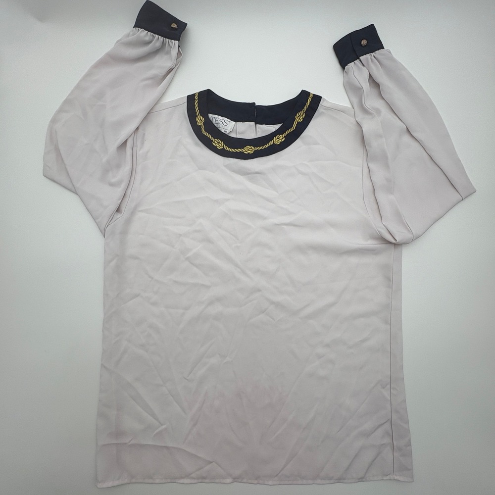 Tess Vintage Womens‎ Blouse Size 10 Cream Navy Gold Rope Embroidery Long Sleeve